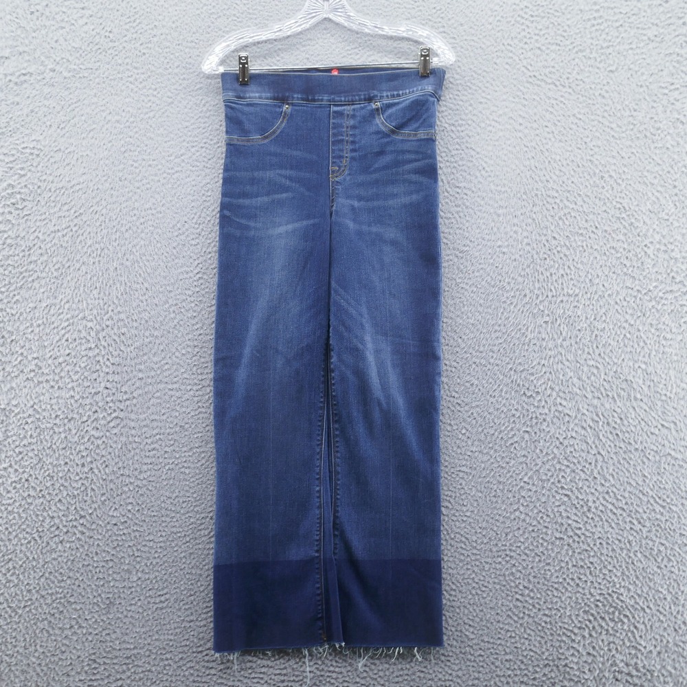 Spanx Womens Cropped Flare Denim Jeans Small Blue Raw Hem High Rise Slimming